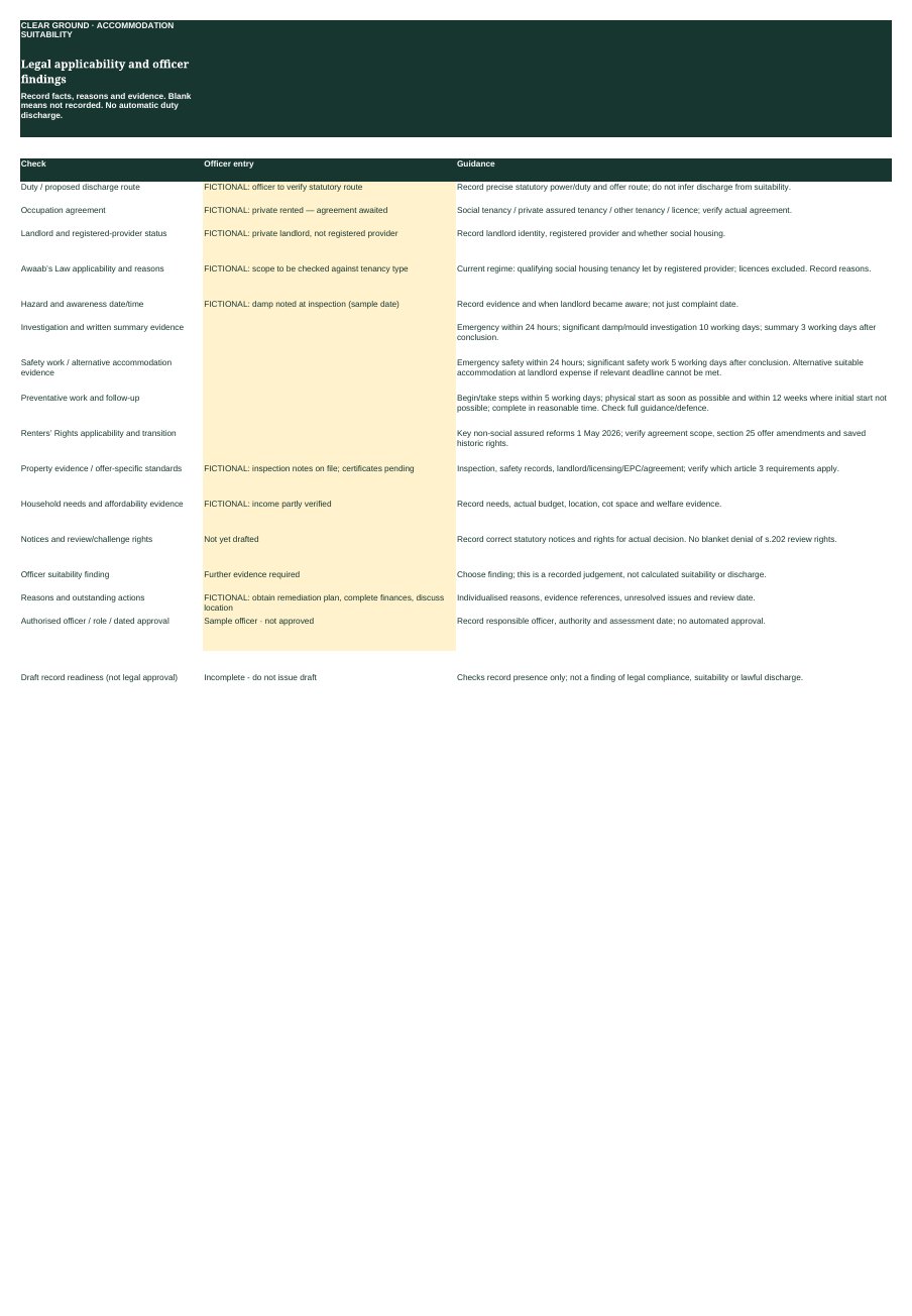 Legal applicability and officer findings sheet with fictional entries and the officer finding recorded as further evidence required