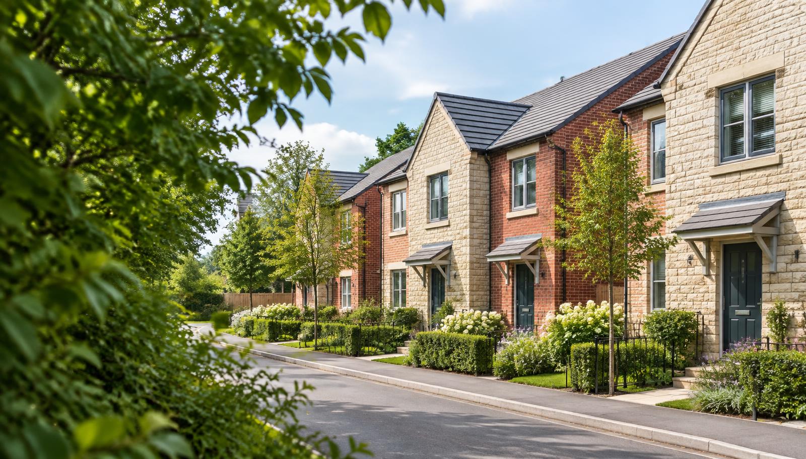 Illustrative English residential street with terraced homes and gardens